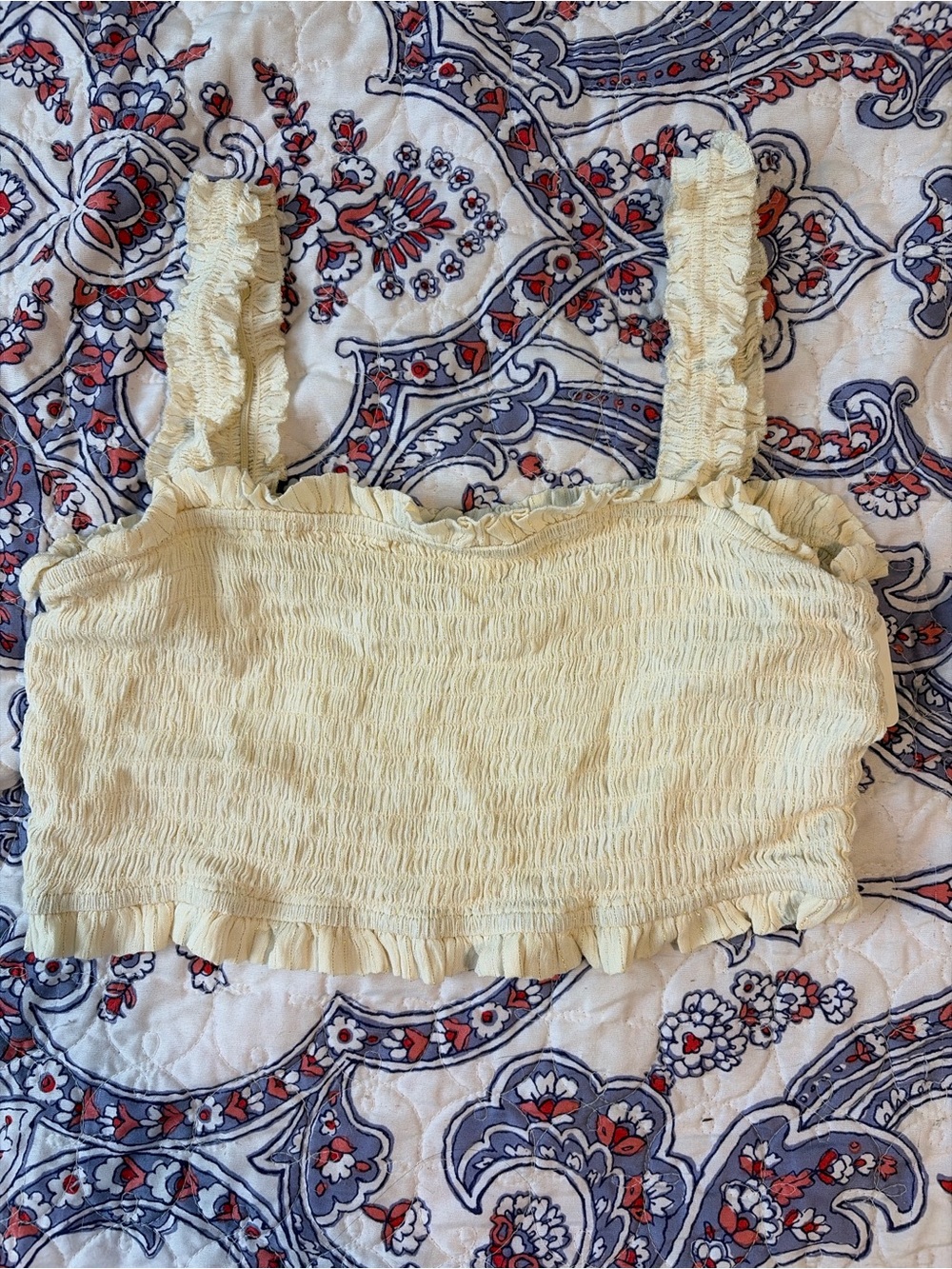 Altar’d State Women’s Cream and gold Smocked Ruffle Crop Top